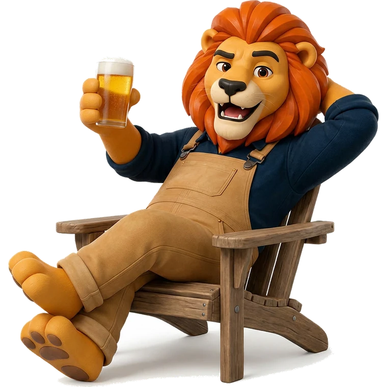 OfferteLeeuw hangt achterover in een tuinstoel en proost met een biertje